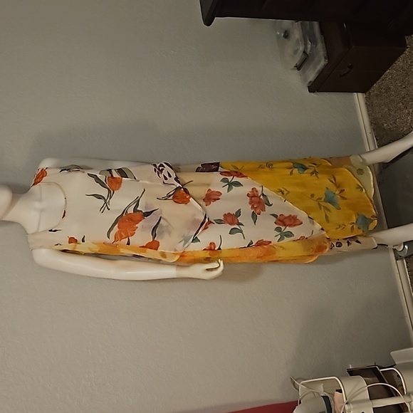 SACRED THREADS Canary Yellow Assymetric Floral Chiffon Sleeveless Maxi Dress - Picture 2 of 14